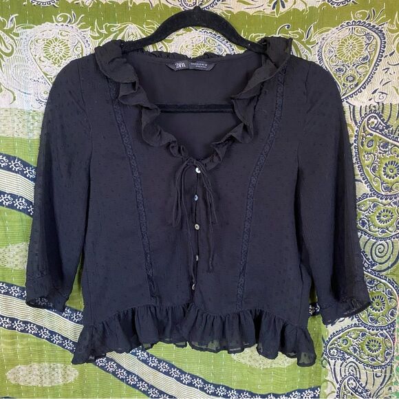 Zara Limited Edition Black Swiss Dot Ruffle Blouse Size Small - Picture 1 of 15